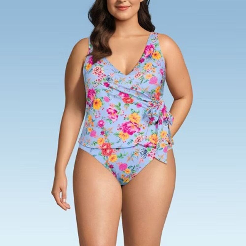 NWT Lands’ End Floral Side Tie Tankini 2pc Swimsuit Cloud Blue Plus Size 16DD